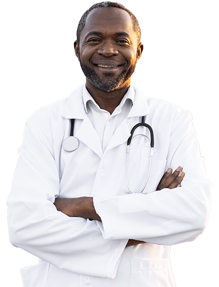 african doctor in white lab coat posing on camera