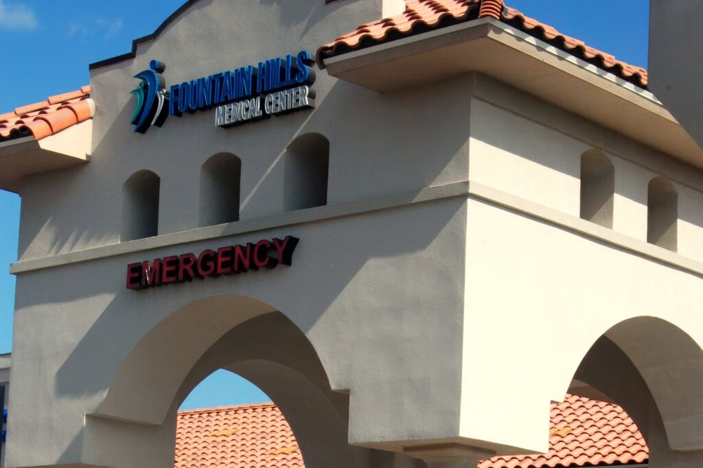 Fountain Hills Medical Center — the emergency entrance, with the EMERGENCY sign above the arch